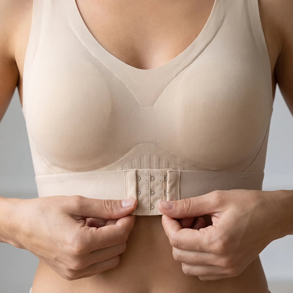 Mains qui agrafent la large bande devant du soutien-gorge sans armature beige