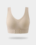 Soutien-gorge sans armature Under Me beige, fermeture devant, vu de face sur fond gris clair