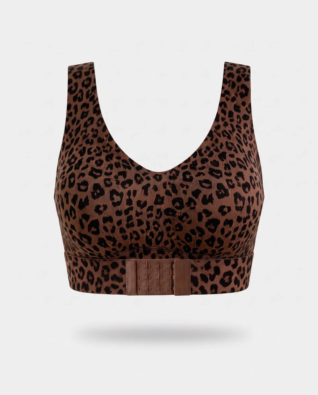 Soutien-gorge sans armature Under Me léopard, fermeture devant, vu de face sur fond gris clair