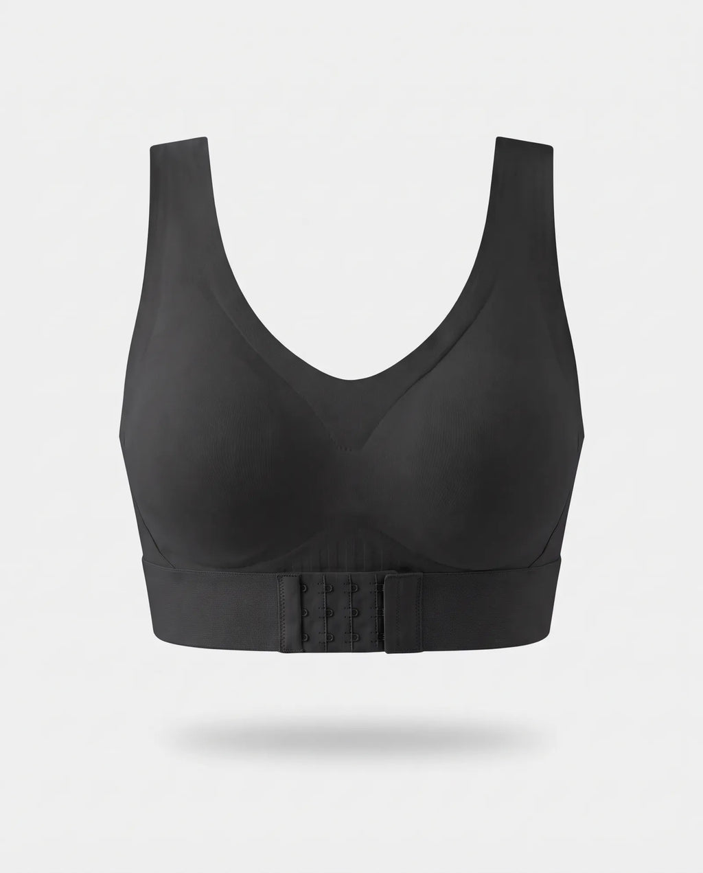 Soutien-gorge sans armature Under Me noir, fermeture devant, vu de face sur fond gris clair
