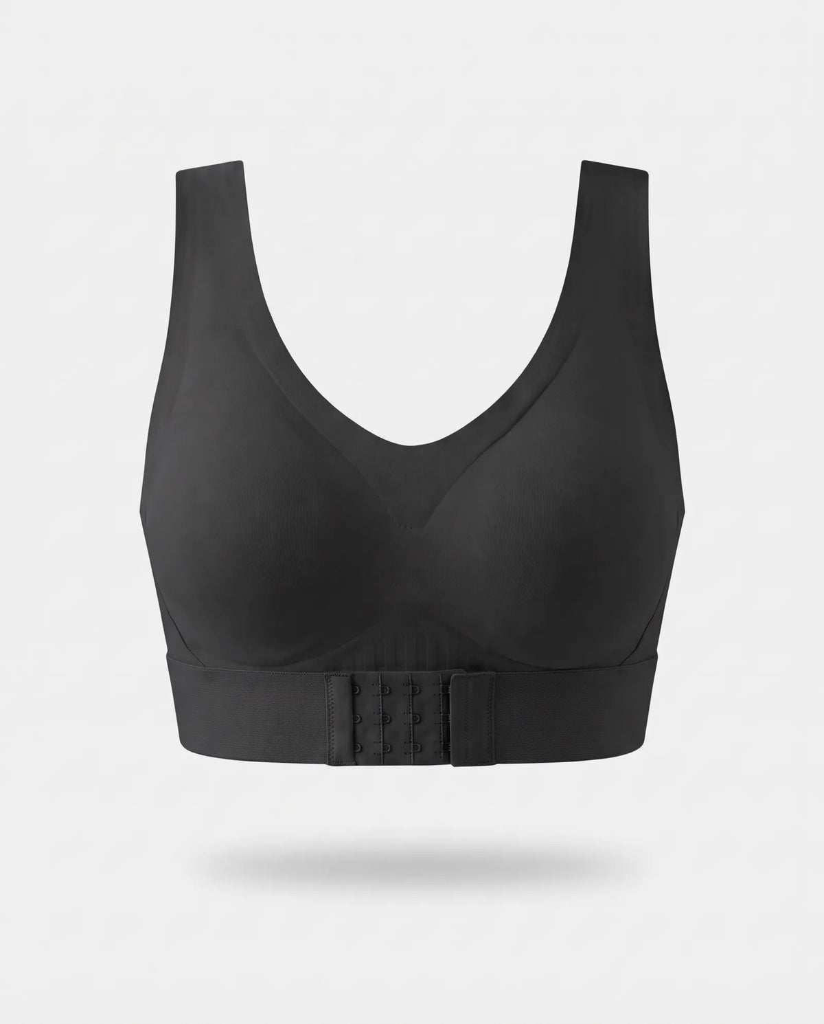 Soutien-gorge sans armature Under Me noir, fermeture devant, vu de face sur fond gris clair