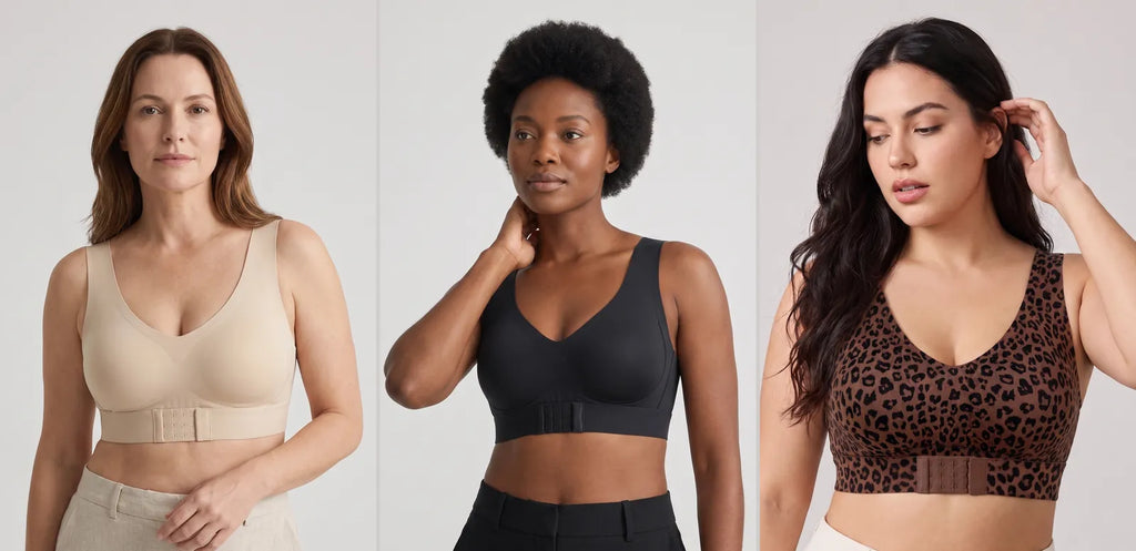 Trois femmes de 30 à 45 ans portant le soutien-gorge sans armature en beige, noir et léopard