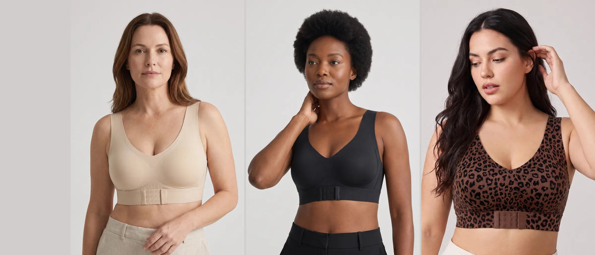 Trois femmes en soutien-gorge sans armature beige, noir et léopard